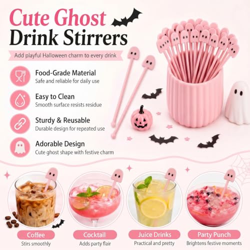 30 Pcs Halloween Swizzle Sticks Pink Ghost Fall Drink Stirrers (30 Count)