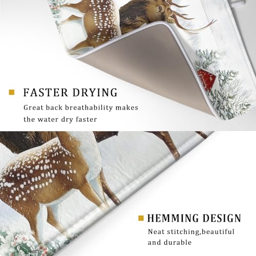 Winter Deer Dish Drying Mat 18"x24" Xmas Tree Bird Holly Berry Dish Drainer Mats Elk Moose Snow Cottage Farmhouse Reversible Large Dish Drying Pad Protector for Kitchen Countertop Decor