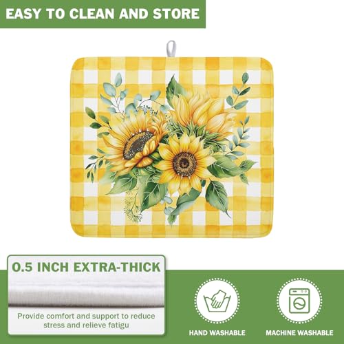 Sunflower Dish Drying Mat 16x18 Inch Absorbent Reversible Summer Sunflower Drying Mat Summer Plaid Dish Drying Rack Mat Yellow Summer Themed Dish Drainer Mat for Kitchen Counter Coffee Bar