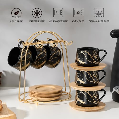 Ceramic Espresso Cups with Saucers and Metal Stand (7.6 Count)