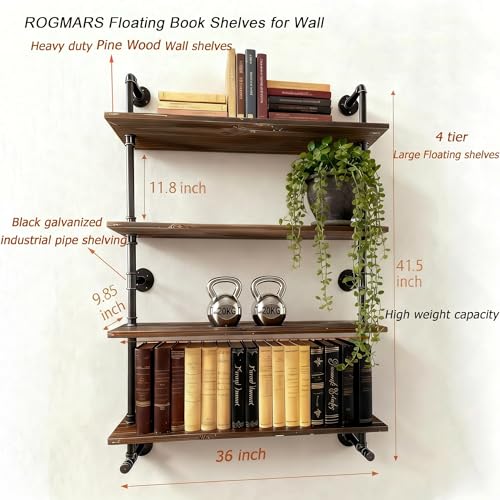 Industrial Pipe Wall Shelves with Real Wood Plank 36 Inches