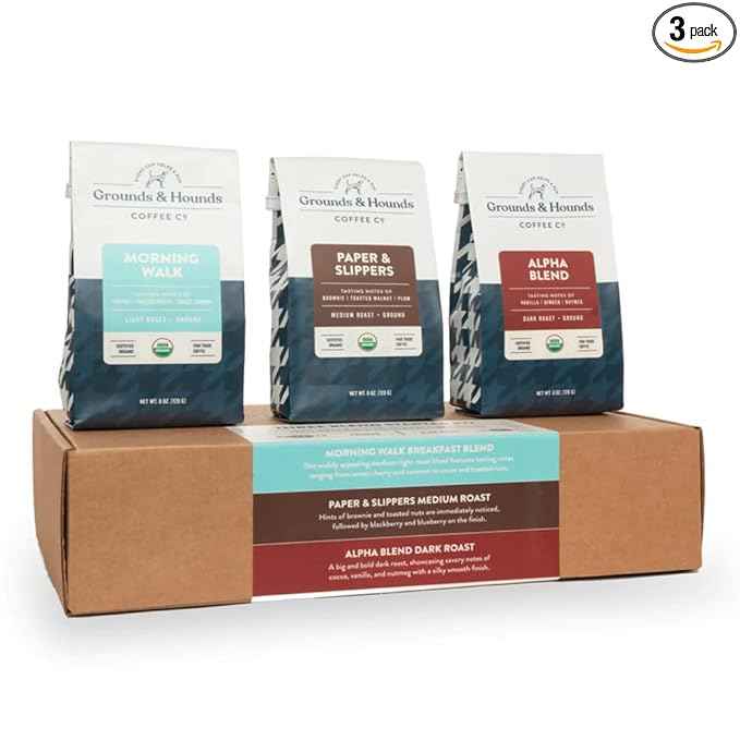 Grounds & Hounds Three Blend Starter Kit, Organic Whole Bean Coffee Variety Pack, Includes Three 6oz Bags of Our Most Popular Blends