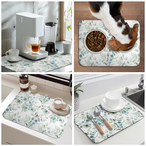 Sage Green Leaves Dish Drying Mats for Kitchen Counter 18x24 Inch