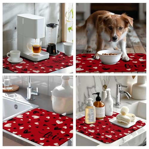 Valentines Day Dish Drying Mat Red Black Love Heart Valentine Kitchen Dish Drying Pad Absorbent Dish Dryer Mat for Kitchen Countertops Microfiber Dishes Drainer Pad Dish Drying Rack Mat