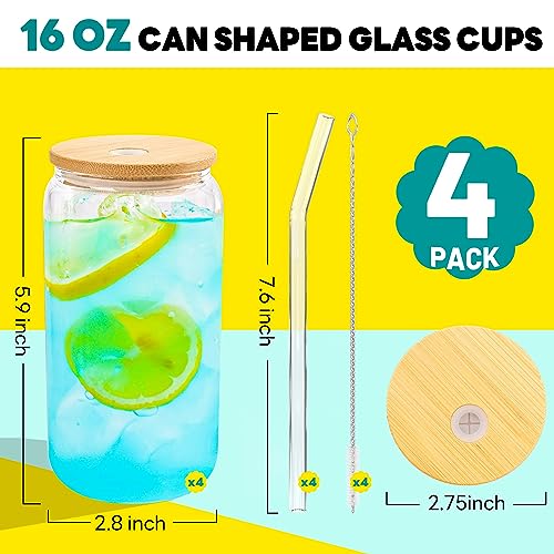 4pcs 16Oz Glass Cups with Bamboo Lids and Straws Drinking Glasses (4 Count)
