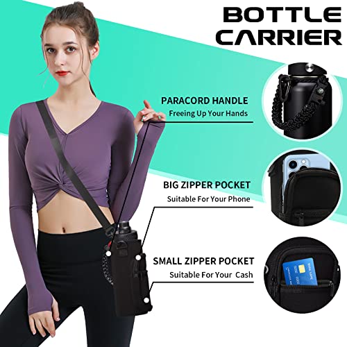 32-40-64OZ Stainless Steel Water Bottle - Black Water Bottle with Straw & Spout Lid, Paracord Handle & Bottle Sleeve, Insulated Vacuum Water Flask Double-Wall Metal Thermo Cup Canteen for Gym School (9 Count)