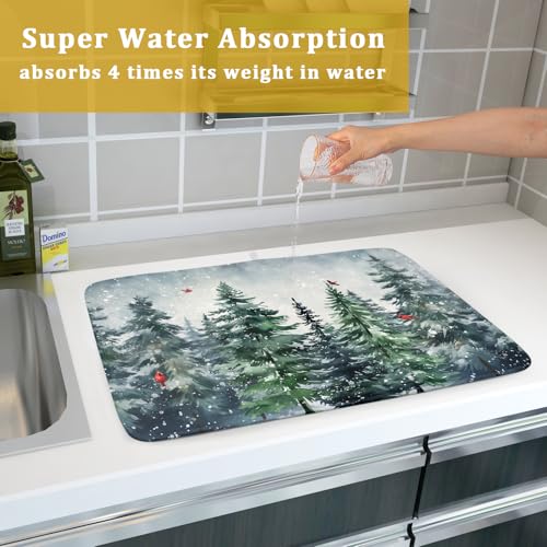 Winter Dish Drying Mat for Kitchen Counter Winter Pine Tree Dish Drying Mat 18x24 Inch Red Bird Christmas Dish Draining Mat Absorbent Reversible Dish Pad Kitchen Accessories Table Protector