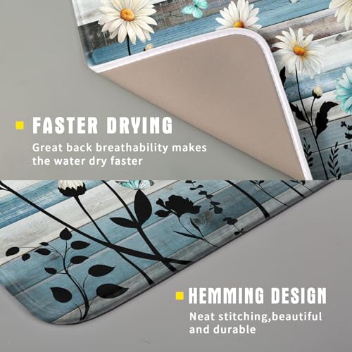 Blue White Daisy Floral Dish Drying Mat for Kitchen Counter