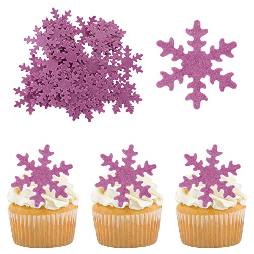 50Pcs Purple Edible Cupcake Toppers Snowflakes Cake Toppers Snowflakes Cake Decoration Winter Frozen Birthday Party Supplies (50 Count)