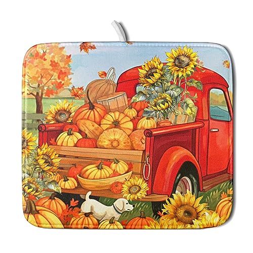 Autumn Pumpkin Red Truck Dish Drying Mat for Kitchen Counter