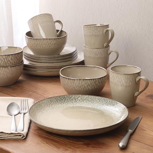 Jasper 16 Piece Plates and Bowls Reactive Glaze Dishes Stoneware Ceramic Dinnerware Set