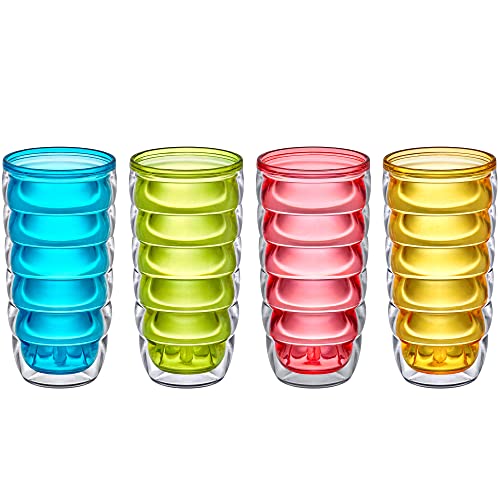 Arctic - 24-Ounce Insulated Plastic Tumblers (Set of 4), Double-Wall Plastic Drinking Glasses, Mixed-Color High-Balls, Reusable Cups, BPA-Free, Shatter-Proof, Dishwasher-Safe (4 Count)
