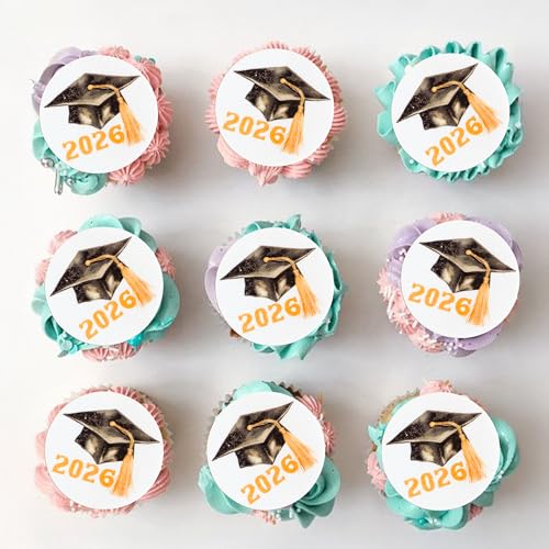 48Pcs Edible 2026 Graduation Cap Cupcake Toppers Wafer Paper Class of 2026 Grad Cap Cupcake Picks for 2026 Graduation Theme Party Cake Decorations Supplies Gold (48 Count)