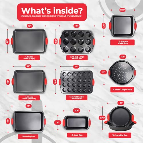 Non-Stick 10-Piece Baking Pan Set, BPA-Free Carbon Steel Bakeware Set with Silicone Handles, Stackable Kitchen Oven Set, Cookie Sheet, Baking Tray, Baking Sheet Set, Oven Safe (446°F) (10 Count)