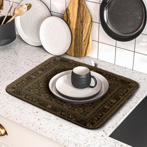 Brown Antique Tabriz Rug Dish Drying Mat for Kitchen Counter