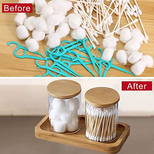 Glass Qtip Holder Dispenser with Bamboo Vanity Tray (2 Count)