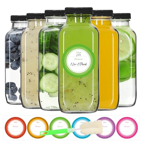 12 oz Glass Juice Bottles with Lids 6 Pack (6 Count)