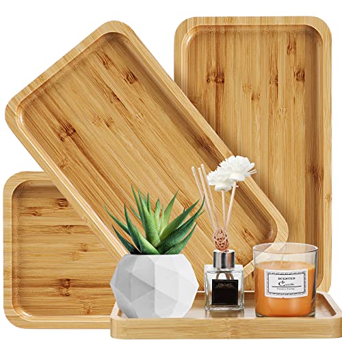 3 Pcs Bamboo Tray for Bathroom Bamboo Vanity Bathroom Counter Organizer Decorative Tea Serving Tray for Dresser Coffee Table Home Decor Toilet Tank Candle Perfume (3 Count)