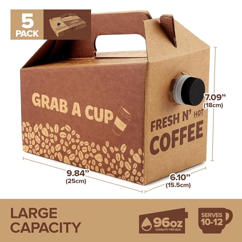 5 Pack) 96 oz Disposable Coffee Box Dispensers, Insulated Hot Cold Bulk Beverage Server Carafe, Coffee Carrier with Handle Take Out Containers, Cardboard Traveler To Go Boxes (5 Count)