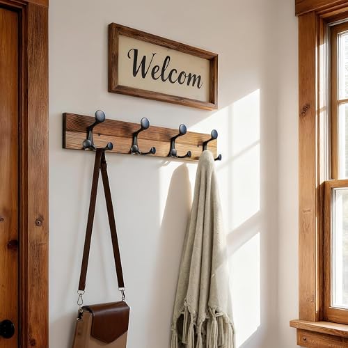 24 Inch Wood Coat Rack Wall Mount with 4 Triple Hooks