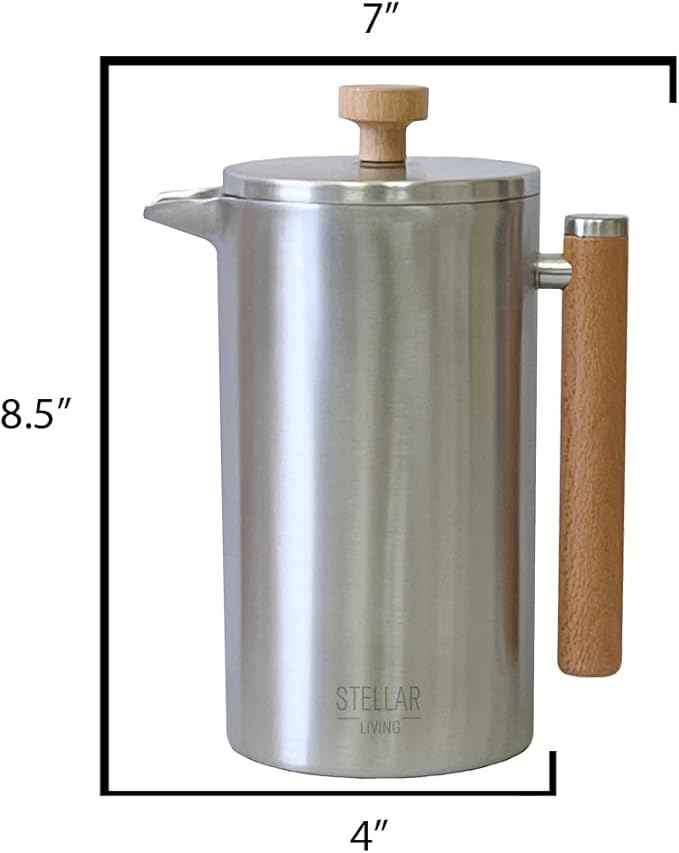 Stellar Living 34 OZ Stainless Steel French Press Coffee Maker with Double Vacuum Insulation, Maximum Flavor Coffee Brewer, Tea and Coffee Press, Camp Coffee Maker - Matte Silver with Wooden Handle