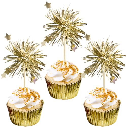 30Pcs Foil Firework Cupcake Toppers Sparkle Tinsel Cake Toppers Tinsel Drink Cake Decoration Cocktail Picks for Halloween Birthday Wedding Graduation Party Supplies Light Gold Star (30 Count)