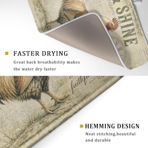Farmhouse Rooster Dish Drying Mat 18 x 24 Inch with Hanging Loop High Absorbent Reversible Microfiber Dish Drying Pad Drainer Mat for Kitchen Counter Coffee Bar