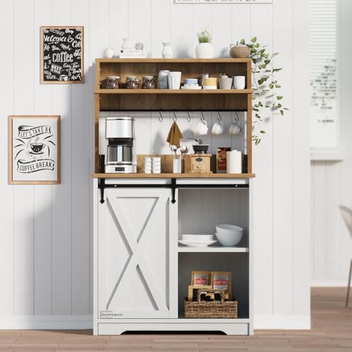 Farmhouse Coffee Station with 3 Tier Storage Hutch & 6 Hooks
