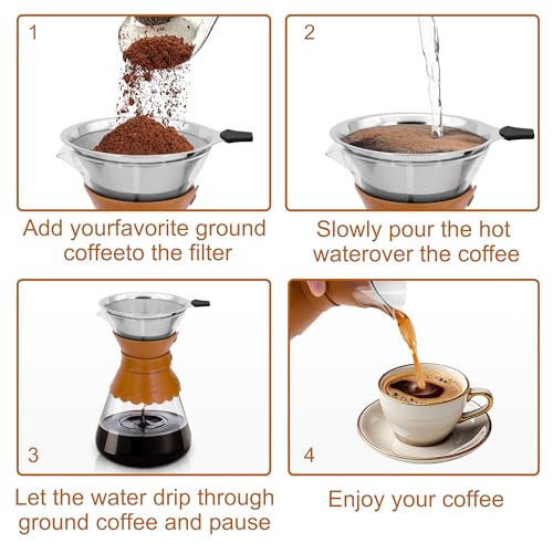 34oz Pour Over Coffee Maker with Double Layer Stainless Steel Filter