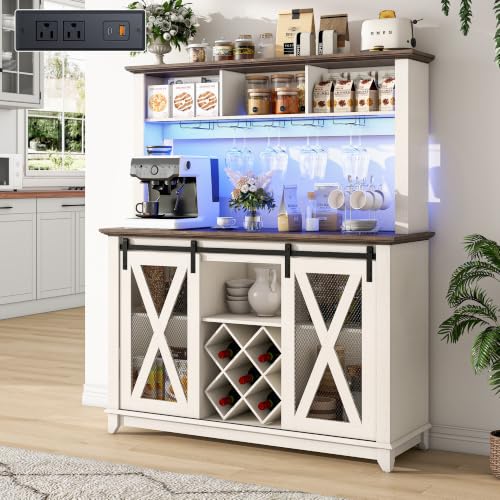 47" Wide 56" H Farmhouse Coffee Bar Cabinet with Power Outlet and LED Light