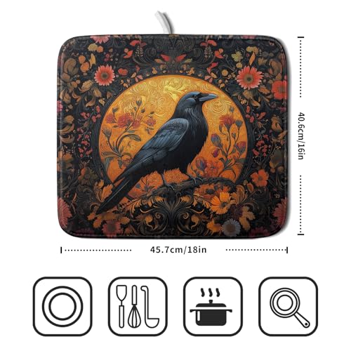 Vintage Crow Dish Drying Mat 16"x18" Gothic Black Raven Boho Flowers Dish Drainer Mats Rustic Halloween Farmhouse Reversible Small Dish Drying Pad Protector for Kitchen Countertop Decor