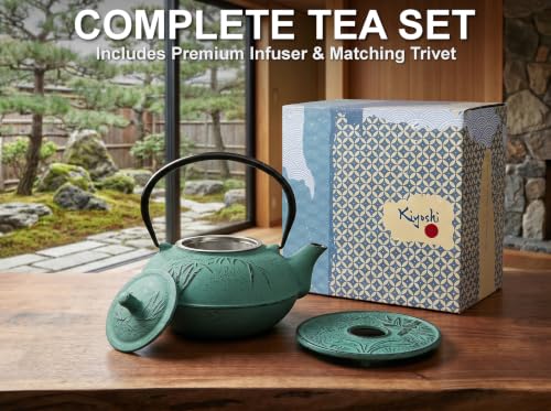 85 Oz XXL Green Bamboo Cast Iron Teapot