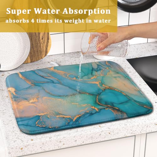 Marble Dish Drying Mat for Kitchen Counter Blue Teal Turquoise Gold Drying Mat 16 x 18 Inch Microfiber Dish Drying Pad Dish Rack Pad Drainer Mat for Coffee Bar