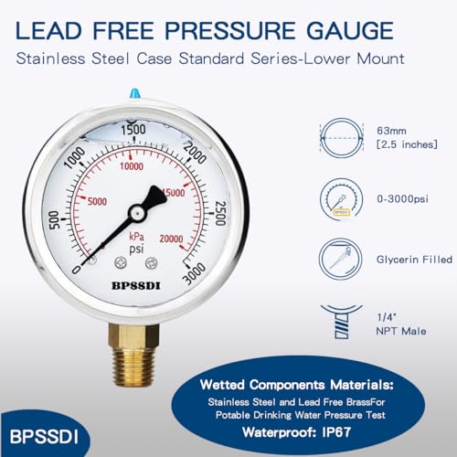 0 3000 Psi Glycerin Liquid Filled Hydraulic High Pressure Gauge