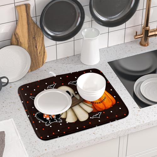 16"x18" Halloween Dish Drying Mat Spooky Pumpkin Ghost Black Cat Bats Kitchen Drainer Mats Holiday Gothic Reversible Microfiber Dish Drying Pad Small Size for Countertop Tabletop Decor