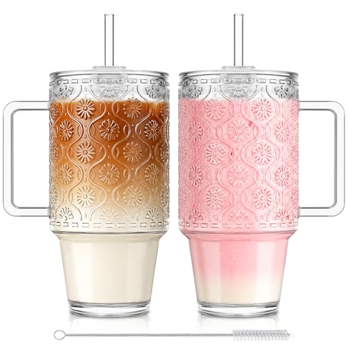 24oz Ribbed Glass Tumbler with Handle & Lid