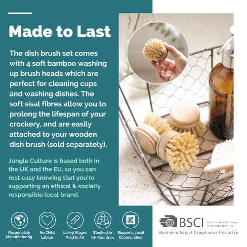 Soft Replacement Dish Brush Heads • 4 Pack Sisal Refills (4 Count)