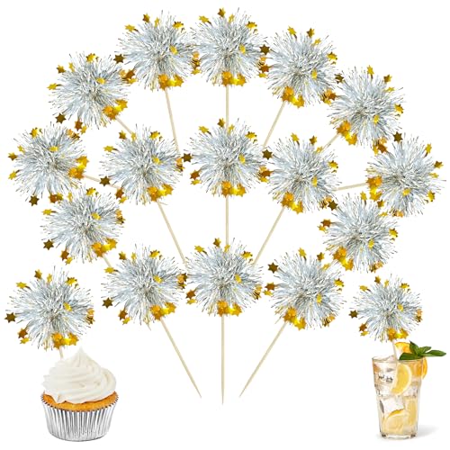 30Pcs Foil Firework Cupcake Toppers Sparkle Tinsel Cupcake Picks Happy Birthday Cake Decorations Drink Stirrers Cocktail Food Fruit Toothpicks for Baby Shower Graduation Party Supplies Silver (30 Count)