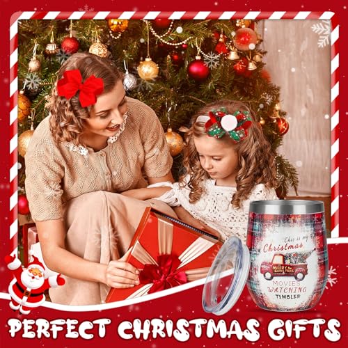 Christmas Wine Tumbler 12 oz Christmas Stainless Steel Wine Glass with Lid and Straw Stemless Double Wall Insulated Wine Cups Keeping Cold & Hot for Holiday Xmas Wedding Party Gifts
