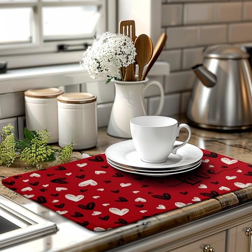 Valentines Day Dish Drying Mat Red Black Love Heart Valentine Kitchen Dish Drying Pad Absorbent Dish Dryer Mat for Kitchen Countertops Microfiber Dishes Drainer Pad Dish Drying Rack Mat