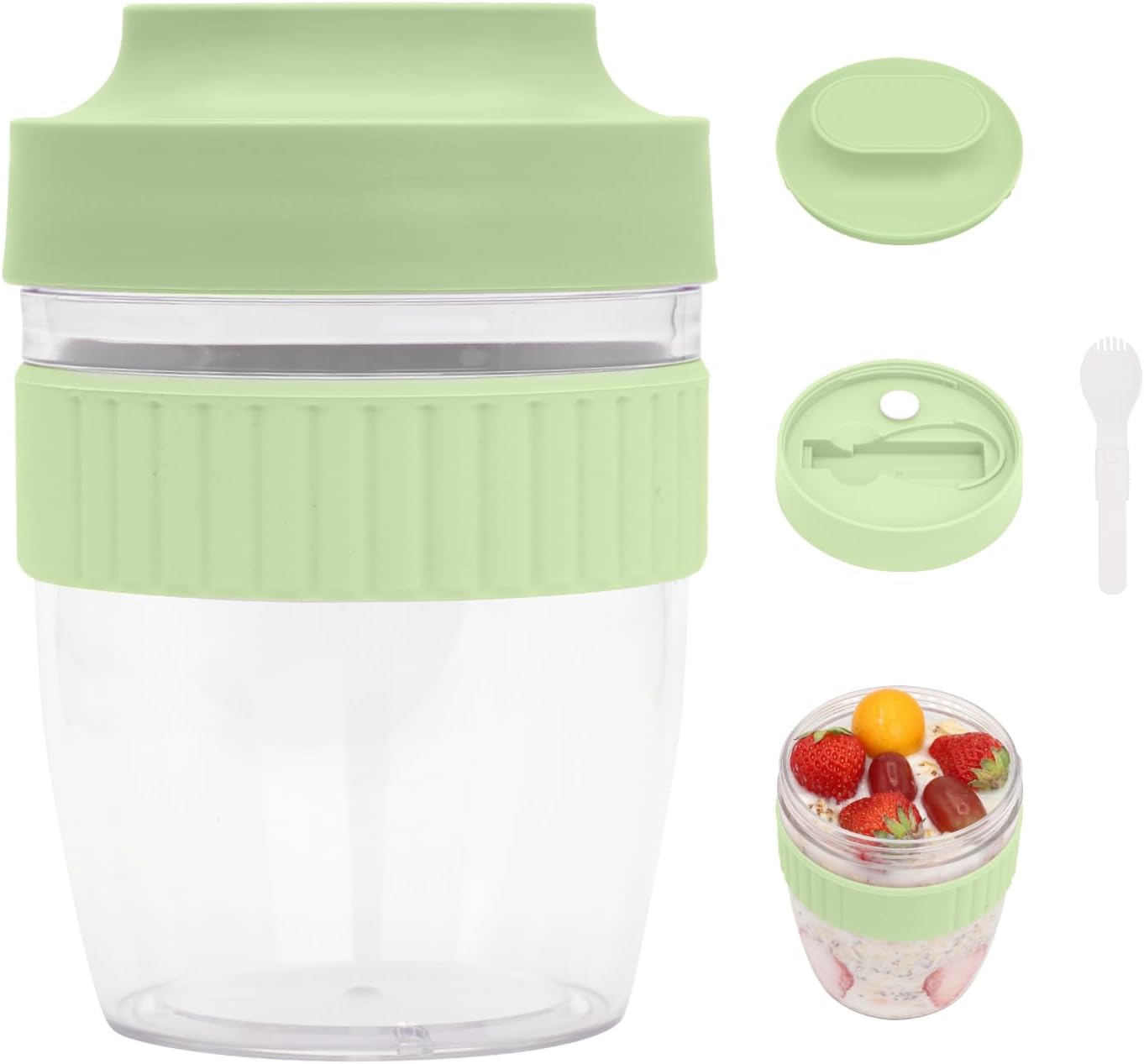Breakfast On The Go Cups, Overnight Oats Containers With Lid And Folding Spoon, Take And Go Yogurt Cereal Snack Parfait Salad Containers For Lunch, Fruit & Vegetable Jar, 20 oz(Green) - Blissbrew