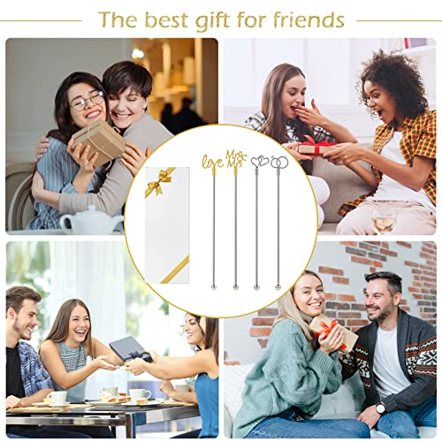 4Pcs Cocktail Stirrers Swizzle Sticks Stainless Steel 7.3" Coffee Stir Sticks with Gold Mr & Mrs