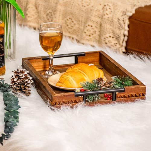 Rustic Wood Serving Tray with Handle Brown Rectangular Decorative Trays Farmhouse Charcuterie Boards Platter for Food (2 Count)