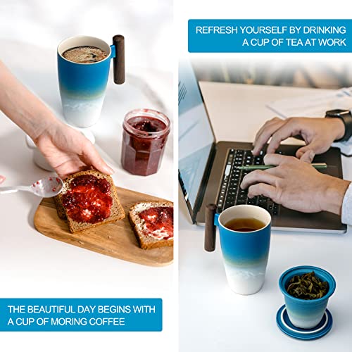 Tomotime Ceramic Tea Cup with Infuser and Lid Tea Mugs Wooden Handle 400ml