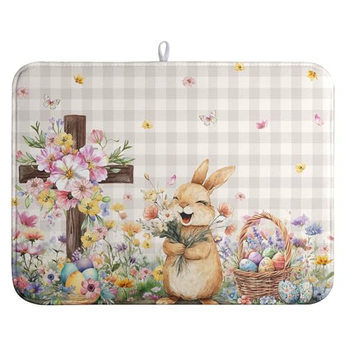 Easter Bunny Dish Drying Mats Spring Floral Dish Mat Easter Cross Eggs Drying Matt Dishes Dryer Pad for Kitchen Counter Absorbent Microfiber Washable Foldable Reusable 18x24 in