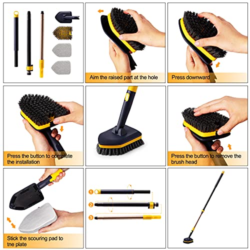 Tub Tile Scrubber Brush 2 in 1 Cleaning Brush 4*Scouring Pads 58.2"