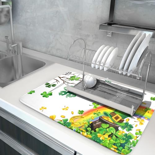 St Patrick Dish Drying Mat Large Lucky Clover Tree Shamrock Dish Drainer Mats 18x24inch Spring Elf Hat Rainbow Colorful Fast Drying Absorbent Dish Drying Pad for Kitchen Counter Decor