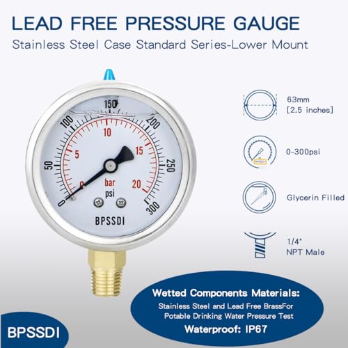 0 300 Psi Glycerin Liquid Filled Pressure Gauge