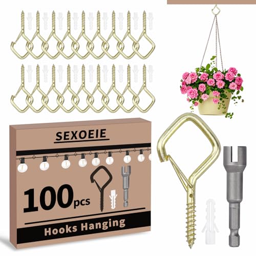 100 PCS Gold Eye Screw Hooks for Hanging Heavy Duty with Safety Buckle.Metal Ceiling Hooks for Hanging Plants Cup Wind Chime Bird Feeders Patio Lights At Indoor&Outdoor (100 Count)