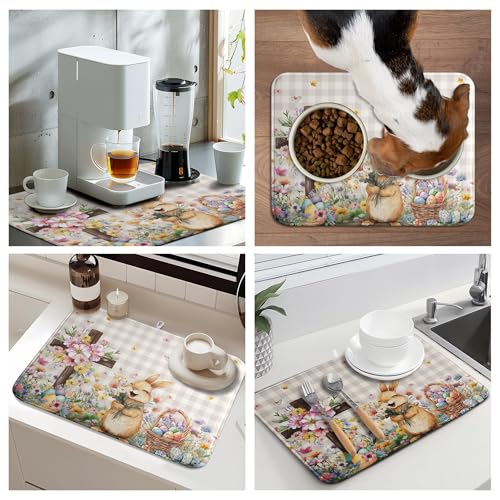 Easter Bunny Dish Drying Mats Spring Floral Dish Mat Easter Cross Eggs Drying Matt Dishes Dryer Pad for Kitchen Counter Absorbent Microfiber Washable Foldable Reusable 18x24 in